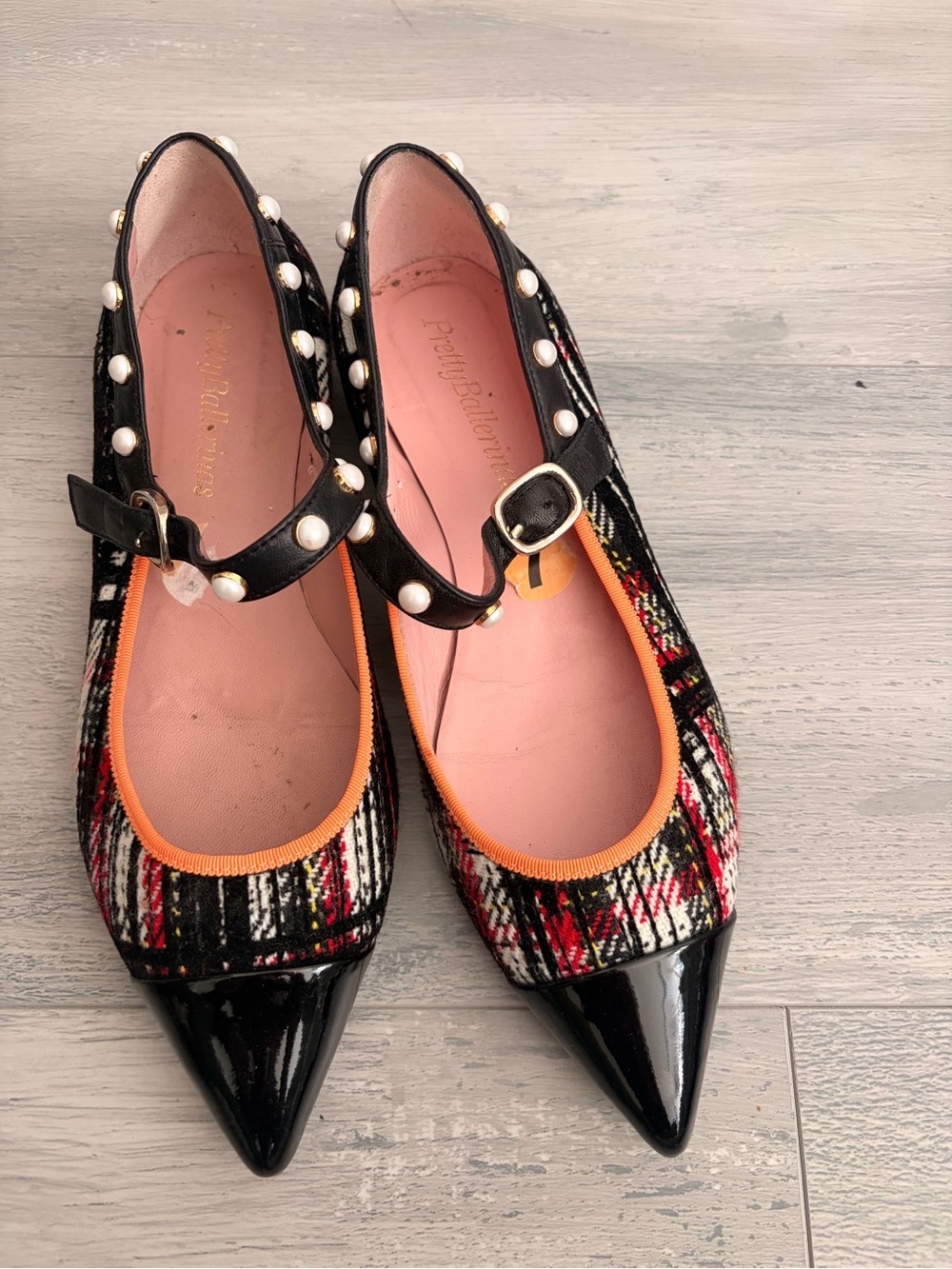 Pointed Mary Jane Flats in Black Plaid with Pearl Strap